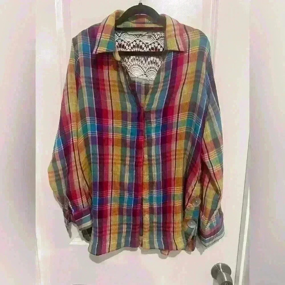 Size Medium Soft Surroundings Kona Shores Gauze Plaid Button Rainbow Blouse - Picture 1 of 4